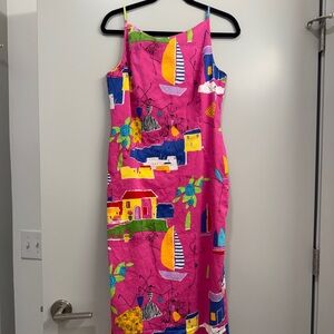 Vintage Flores Flores Pink Sailboat Print Midi Dress Rare Nautical